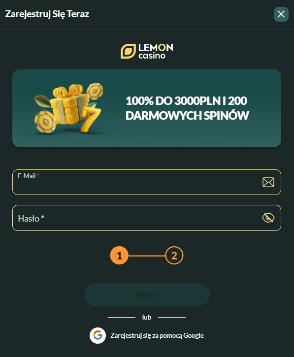 Formularz rejestracyjny Lemon Casino PL